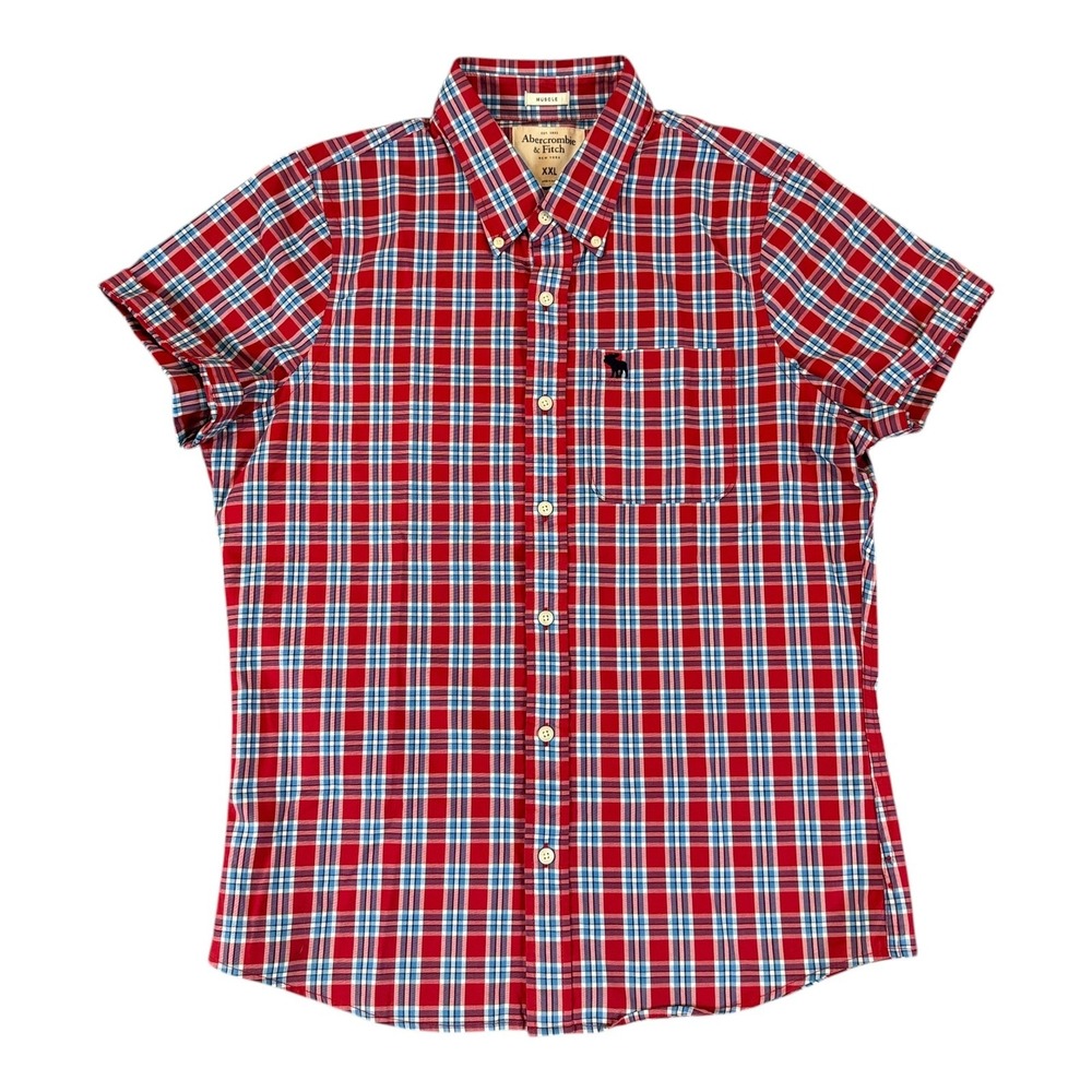 Abercrombie & Fitch YOUTH Button Up Shirt  XXL Red Plaid Muscle Fit Short Sleeve
